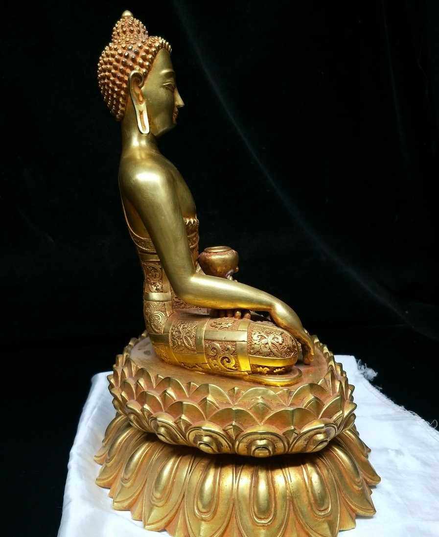 老金紫铜全鎏金高24公分5公斤释迦牟尼三宝金佛摆件摆件