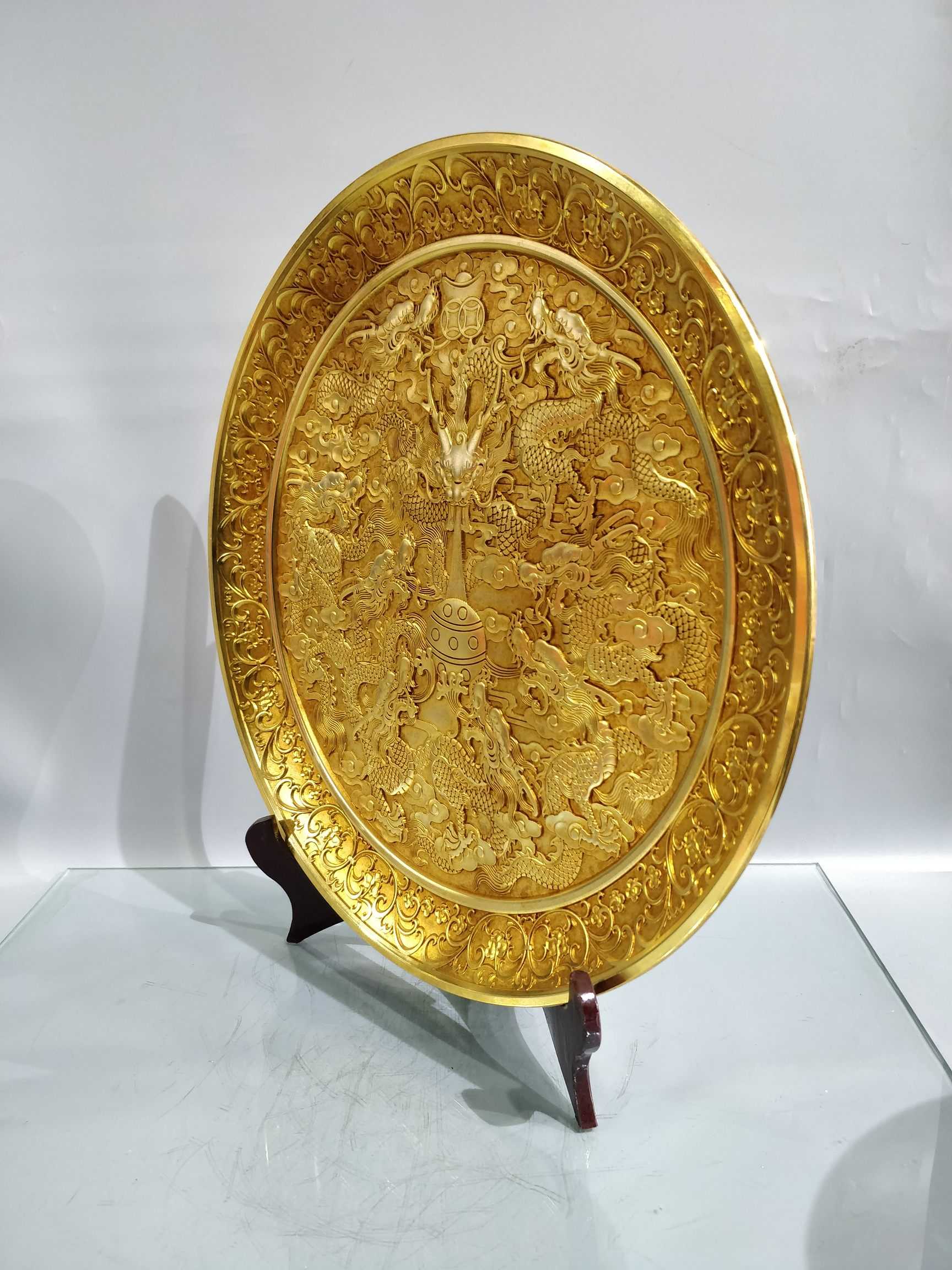 老件九龙盘子金盘子富贵45公斤紫铜38公分口径宣德款摆件