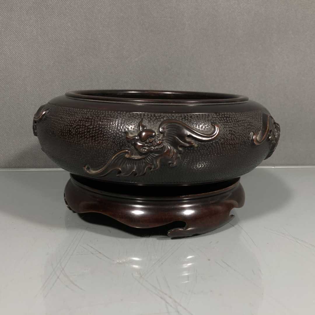 老件紫铜世古之宝款高15公分4公斤五福福临门香炉茶道