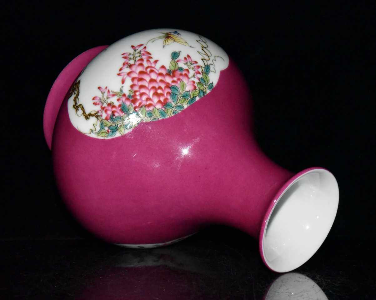 文玩瓷器乾隆胭脂红开窗17公分花鸟玉壶春瓶摆件文房四宝