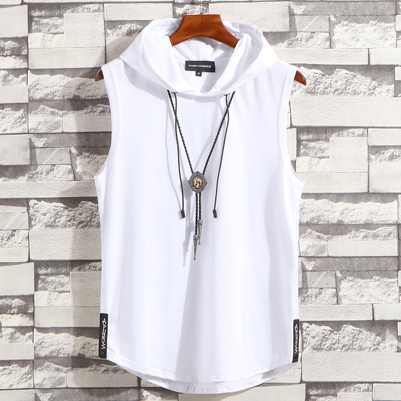 夏季无袖连帽背心短袖T恤男卫衣运动薄款韩版潮流戴帽衫有带帽子