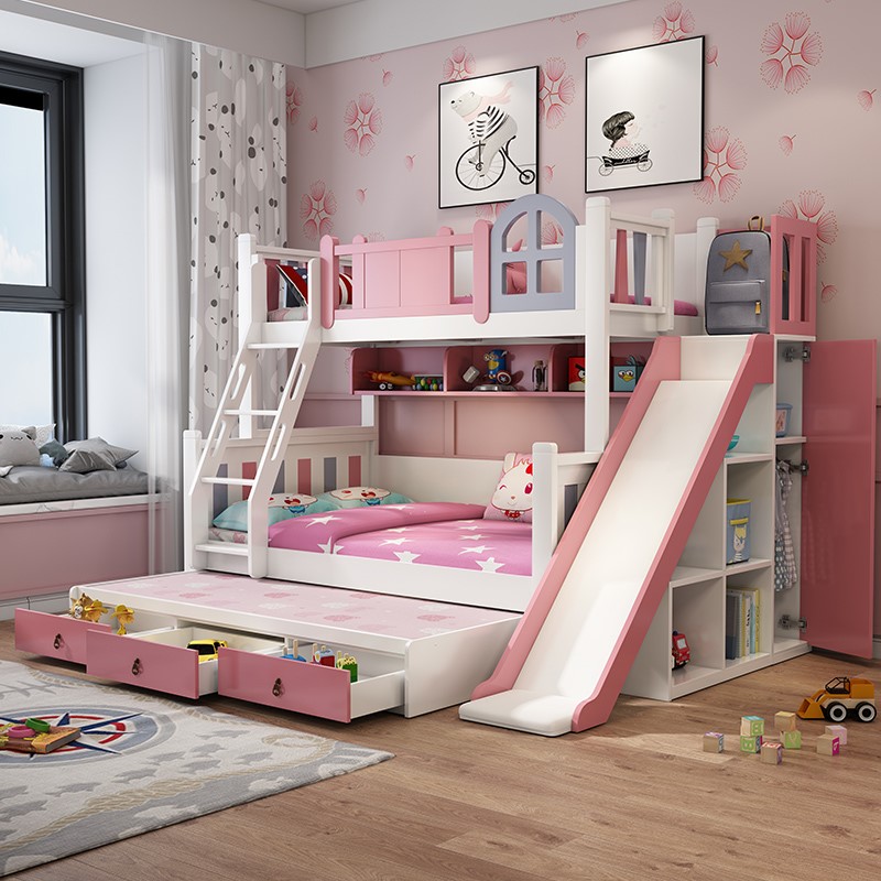 粉色上下床双层滑梯儿童童床高低实木两层公主高低