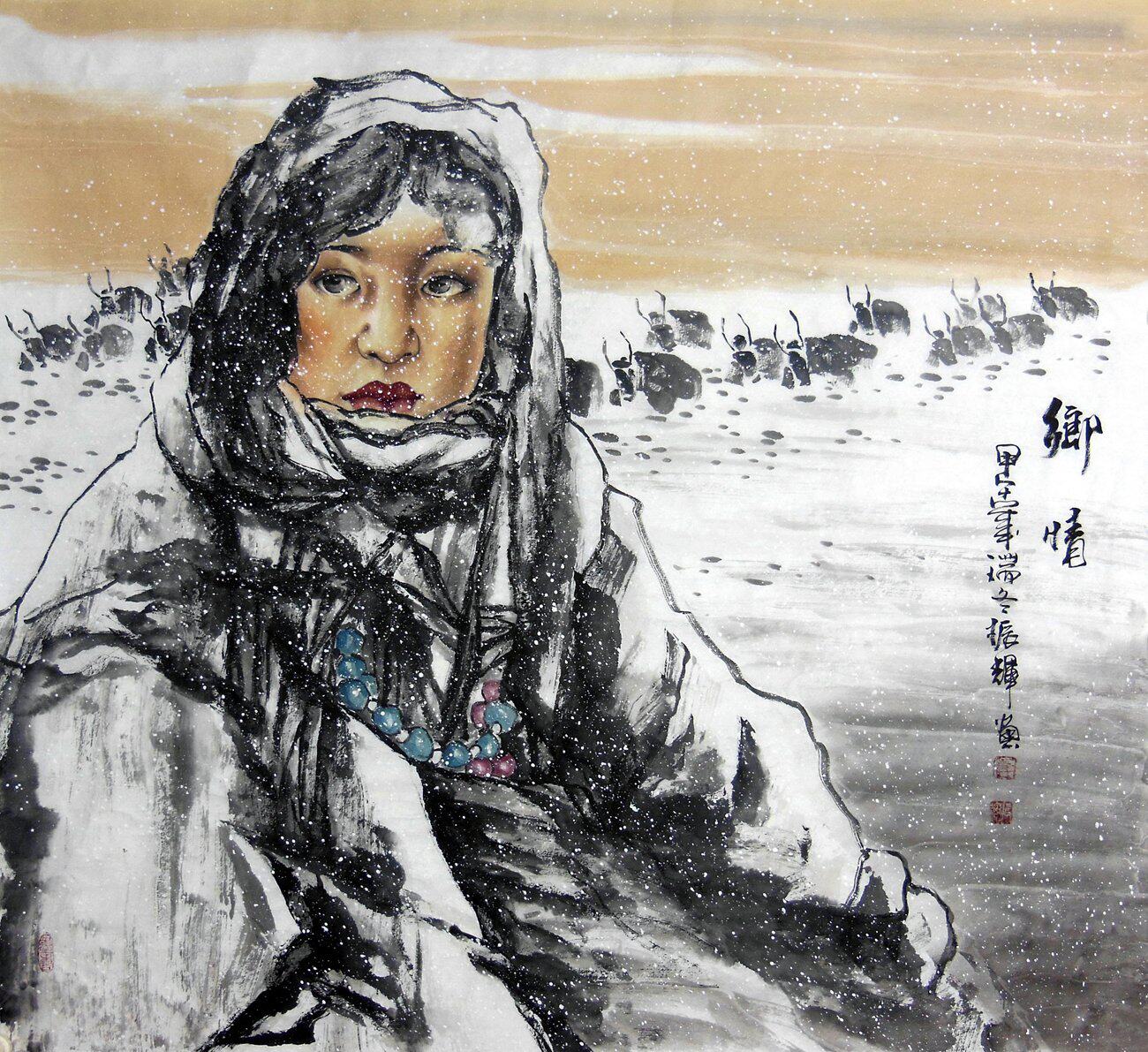 名家水墨画女孩藏族斗方六尺字画真迹梁振辉人物画国画