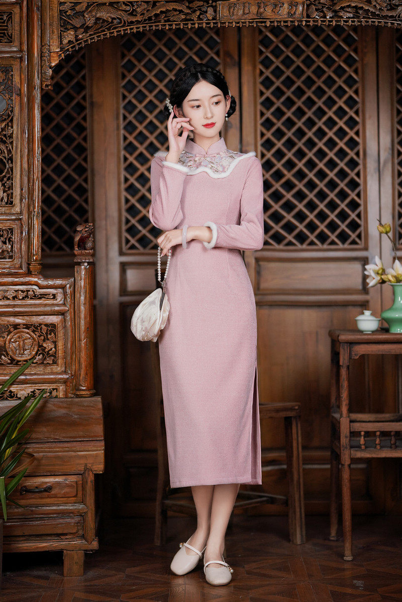长袖刺绣粉色旗袍淑女民国国风文艺甜美婉约旗袍