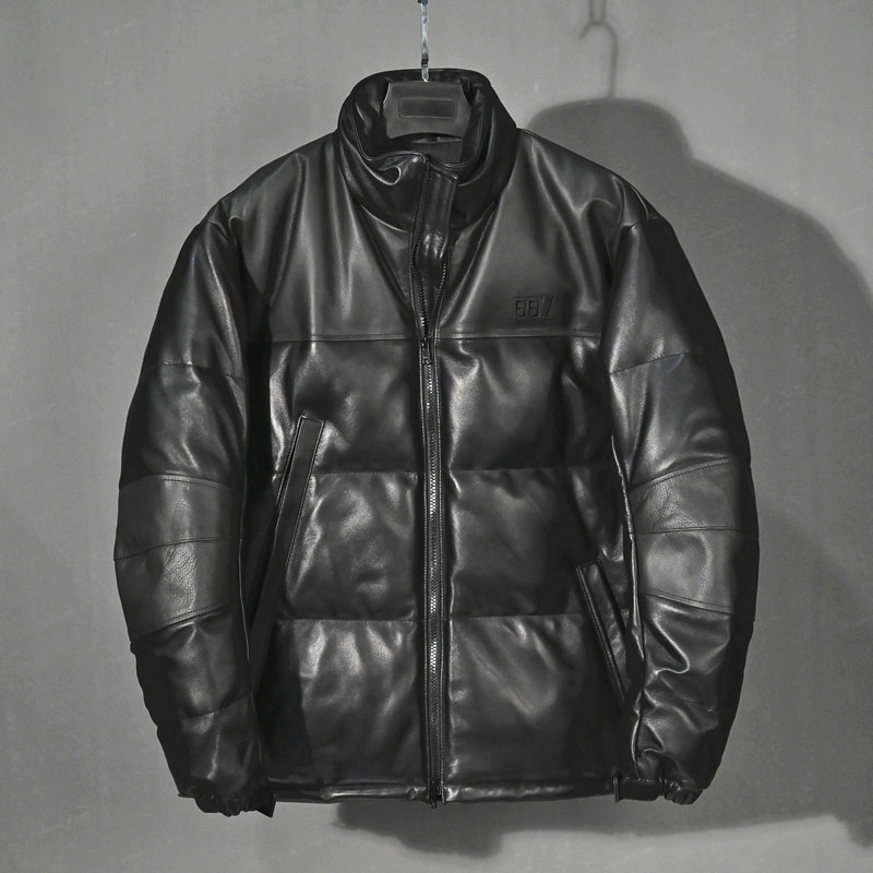 oversize宽松复古山羊拼头层绵羊皮加厚羽绒服外套真皮皮衣大码男