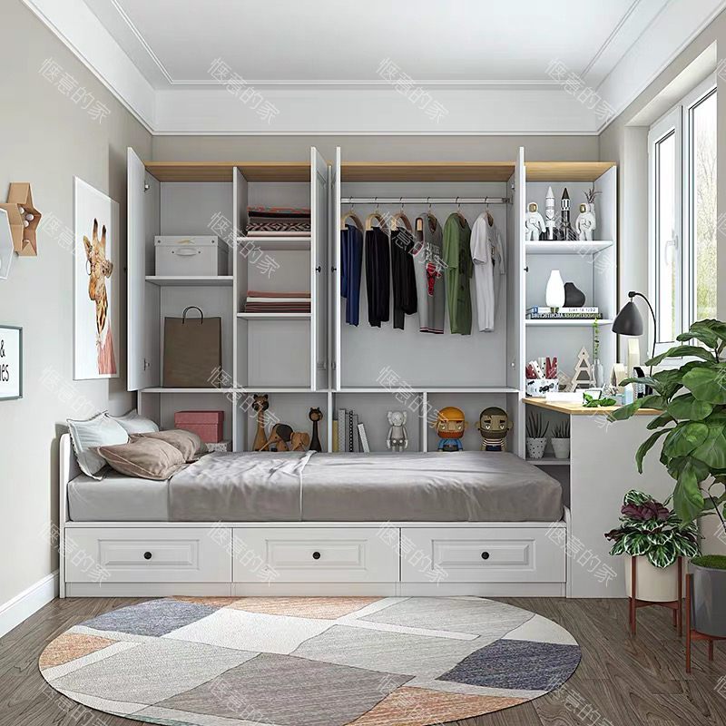 现代简约榻榻米衣柜一体卧室儿童童床小户户型北欧板式床