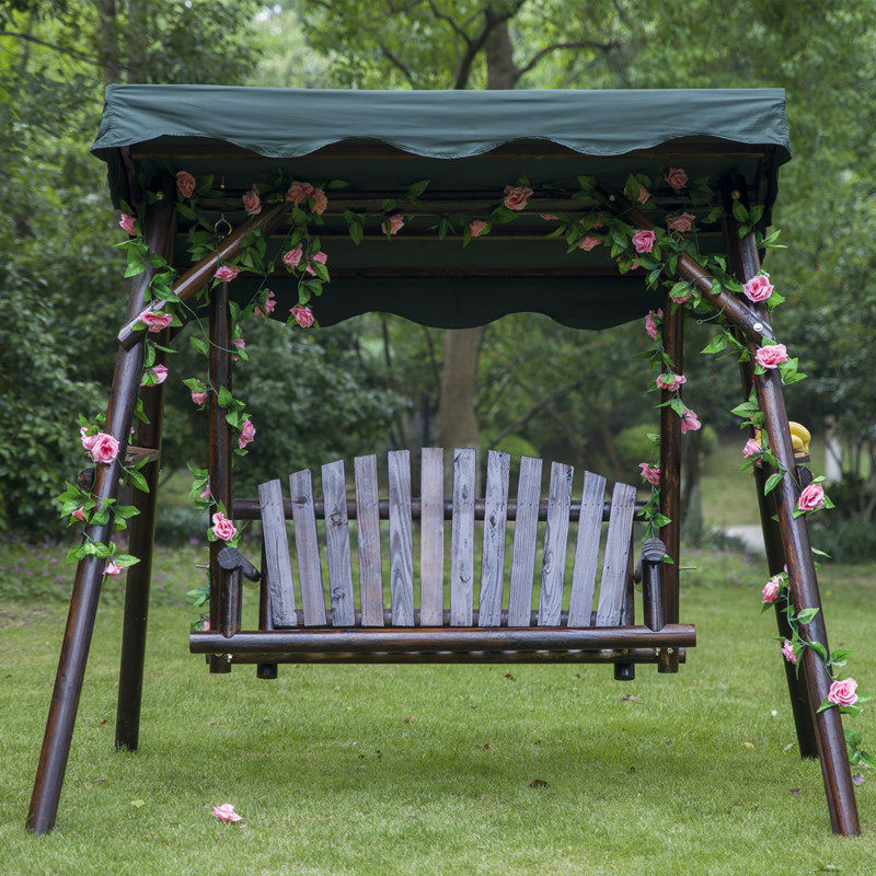 户外秋千摇篮碳化实木吊椅阳台摇摇摇椅带布顶户外秋千