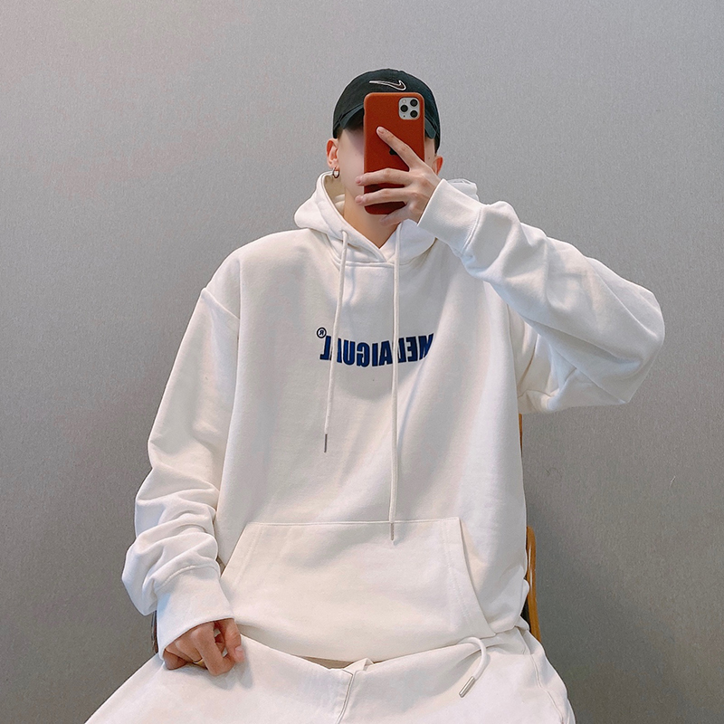 dannyandzee冬季国潮高街植绒字母宽松连帽加绒白色卫衣男帽衫INS