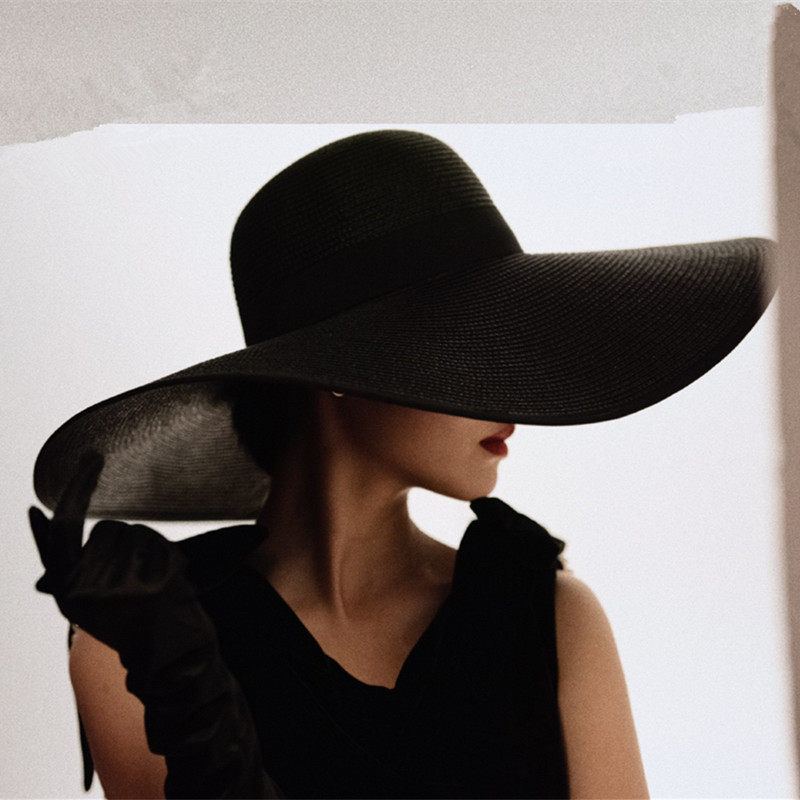 复古赫本风度假超大檐帽黑色光板圆顶草帽优雅女夏天拍照写真礼帽