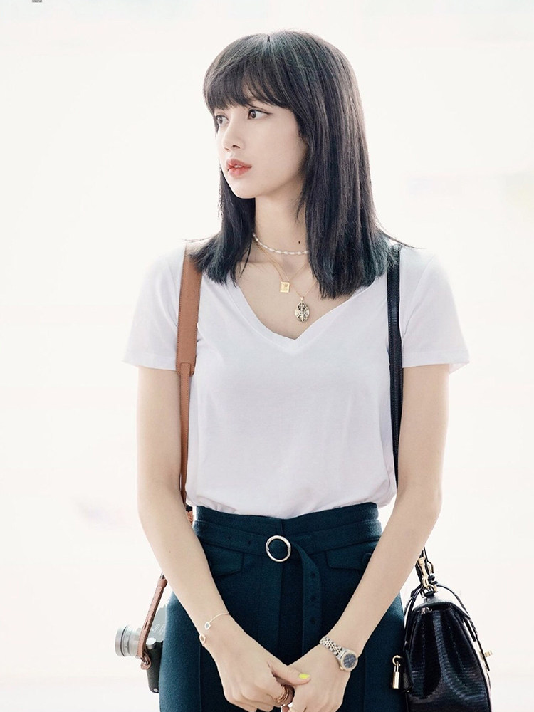 blackpink短袖丝光修身lisa纯色基础娜扎古力同款t恤