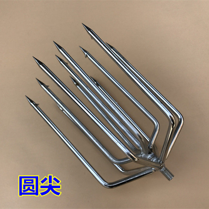 超大11齿不锈钢鱼叉伸缩5米7米抄网杆金属带倒刺圆形扁尖捕鱼工具