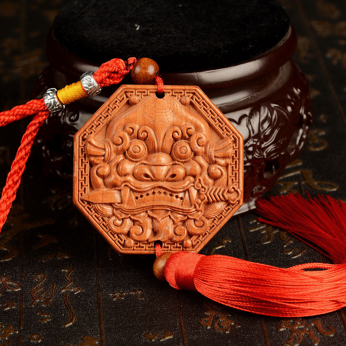 风水阁桃木兽头镜八卦镜挂件摆件木雕挂件