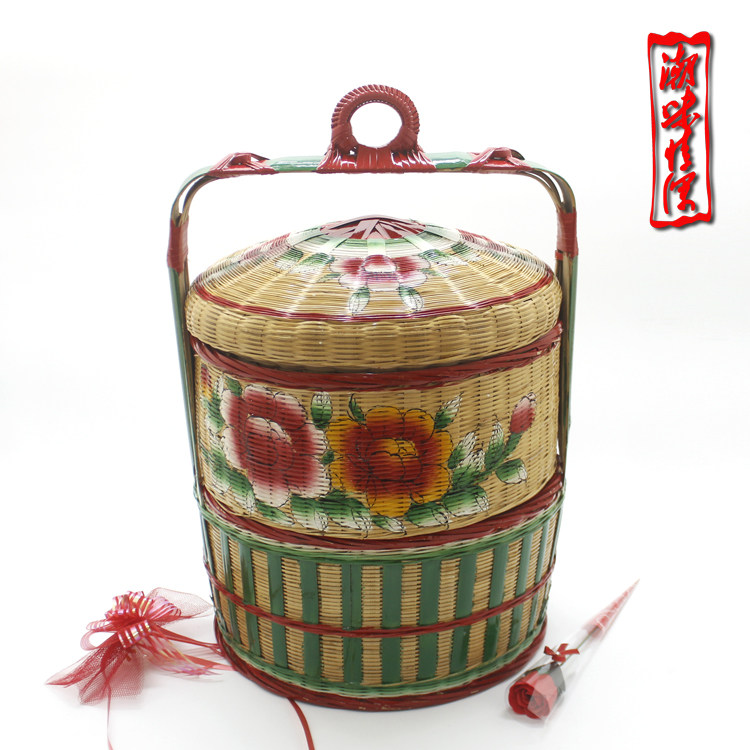 春盛潮汕传统婚嫁嫁娶用品手工两层二层手绘竹编