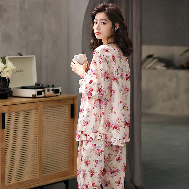 佐雅春夏季新品睡衣女士梭织纯棉甜美碎花大码睡衣