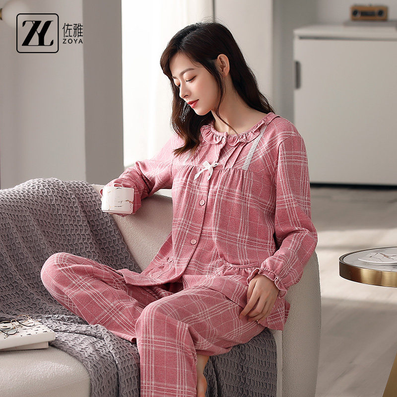 佐雅秋冬季新款棉质睡衣圆领开衫格子套装中年睡衣