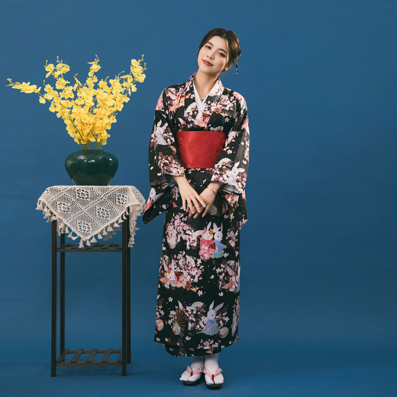 日式和服套装夏季2021长款黑色樱花祈愿浴衣民族服装