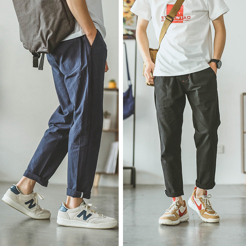 嘿马七作日系夏季男士小直筒裤九分裤潮牌情侣装宽松休闲裤港风