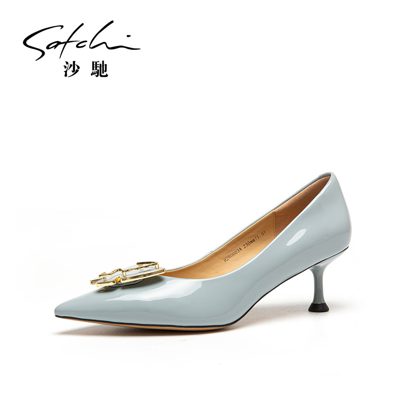沙驰女鞋2021春夏职业真皮单鞋细中跟优雅法式单鞋