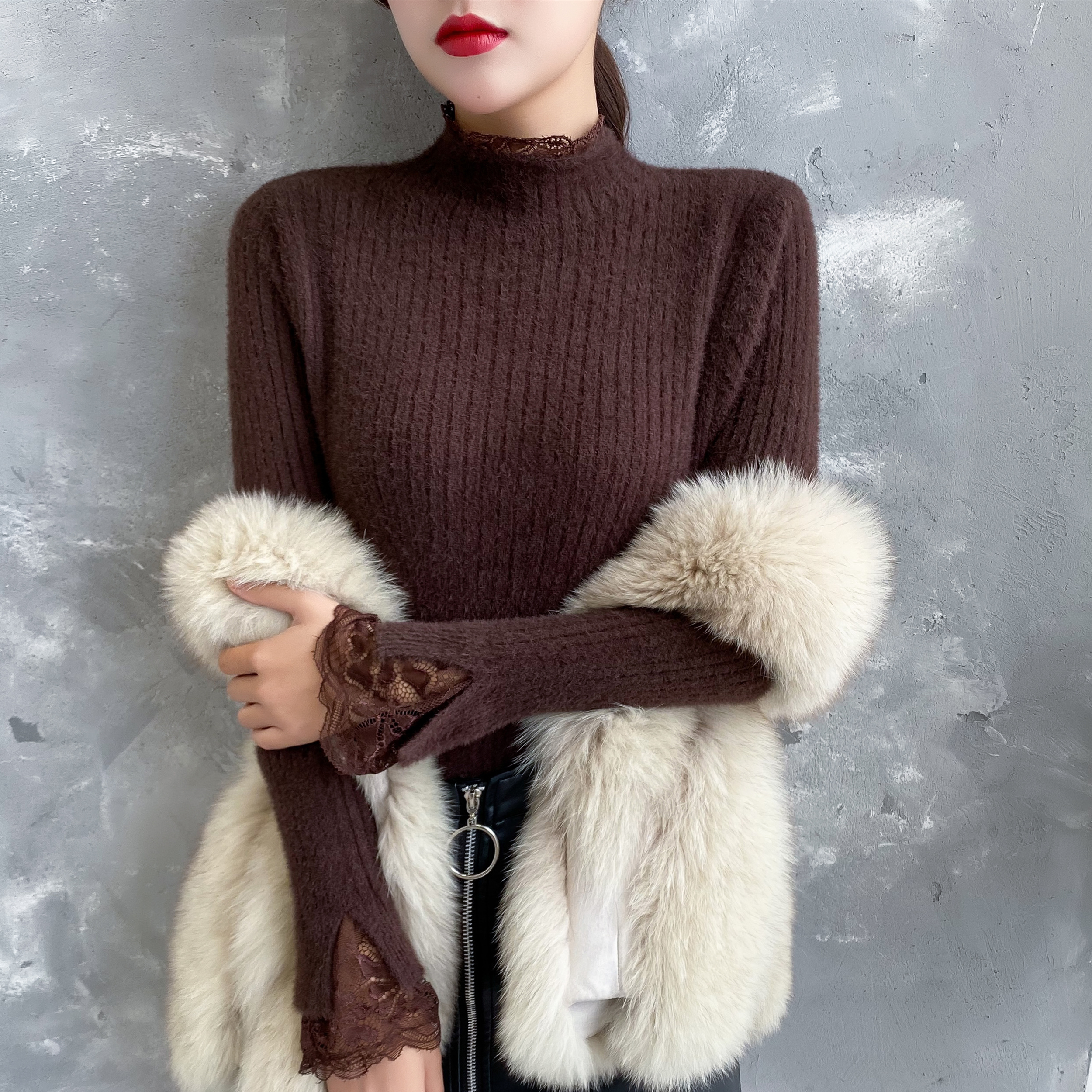 半高领仿水貂绒毛衣打底衫女内搭2019新款秋冬加绒加厚洋气针织衫