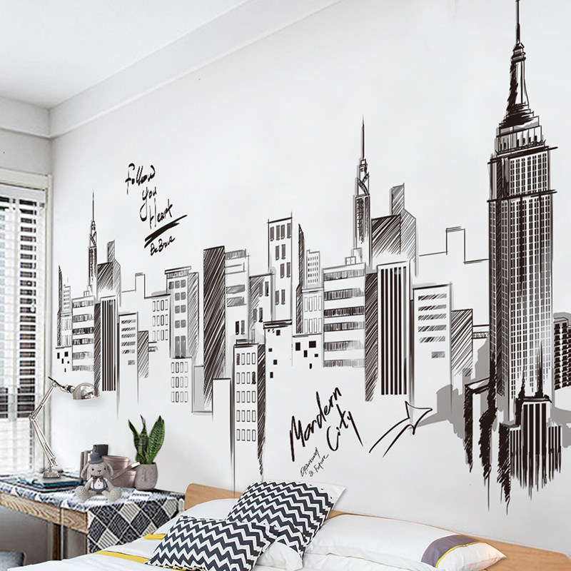城市笔画北欧欧风贴纸卧室床头创意墙画墙纸软装墙贴
