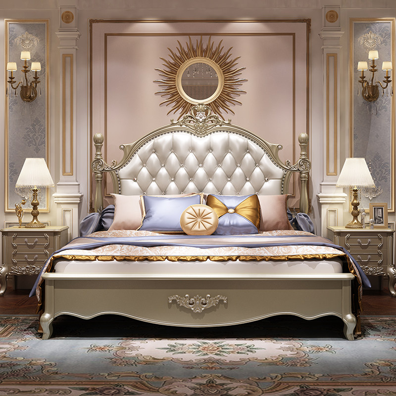 欧式床主卧双人1.8米法式实木雕花床真皮床简欧田园公主婚床