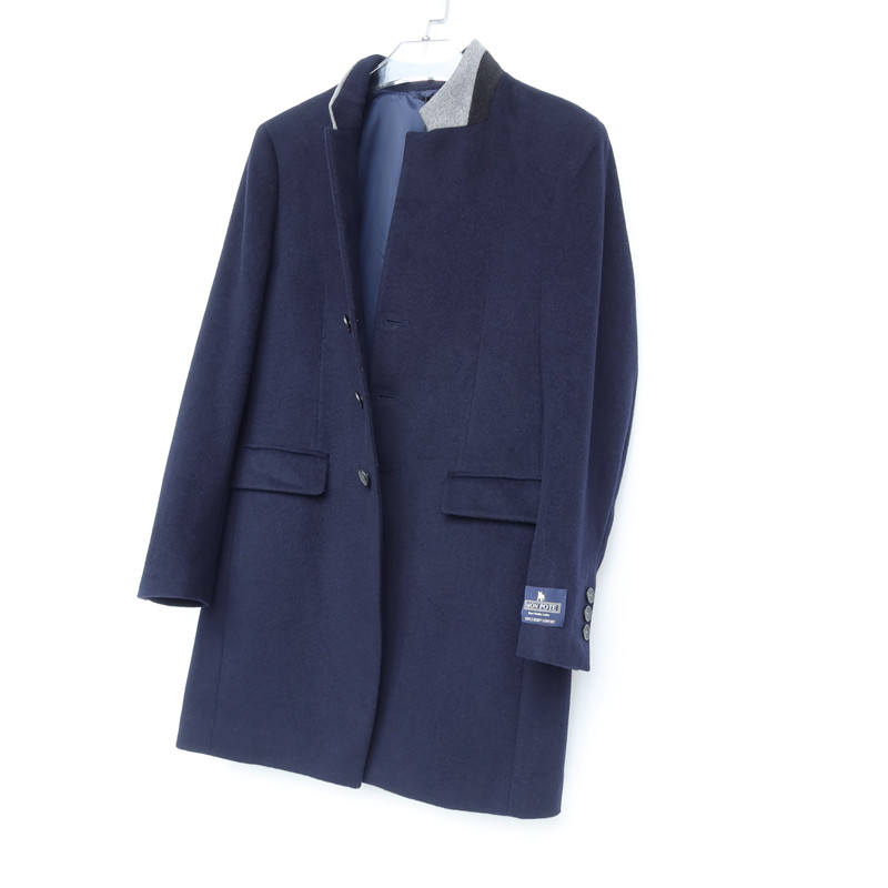 拉夏藏青大衣毛呢羊毛标准中长青色男装秋冬毛呢大衣