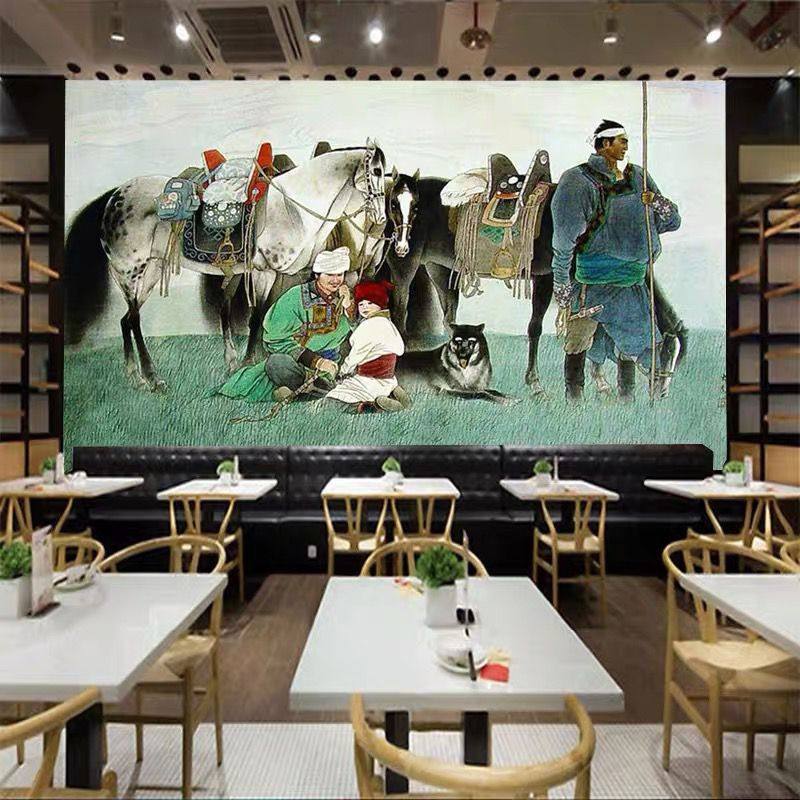 蓝天白云草原壁画风景骏马牛羊背景背景墙墙布蒙古定制壁画