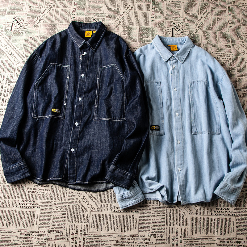 阿美咔叽美式复古日系秋装大口袋男式休闲宽松长袖衬衫 潮流衬衣