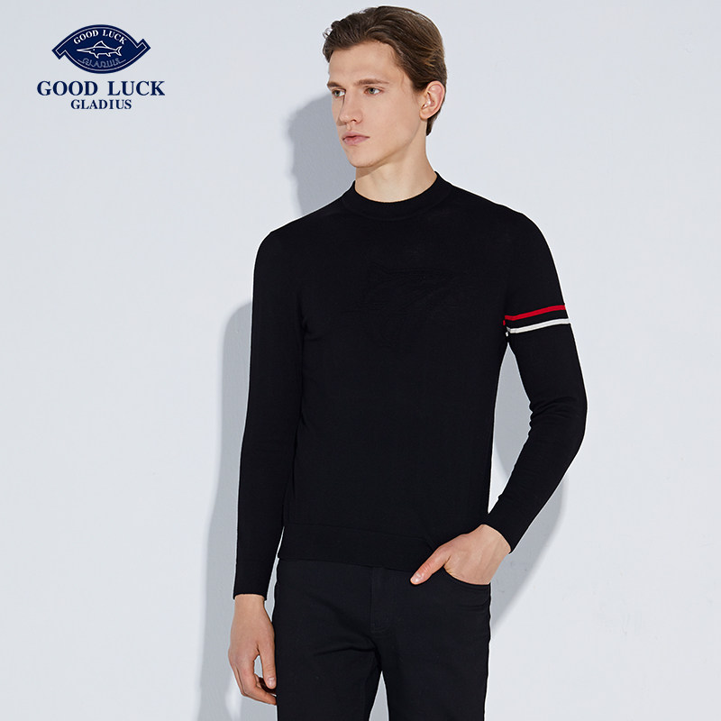 德鲨男装纯绵羊毛衫时尚圆领撞色针织打底2020针织衫