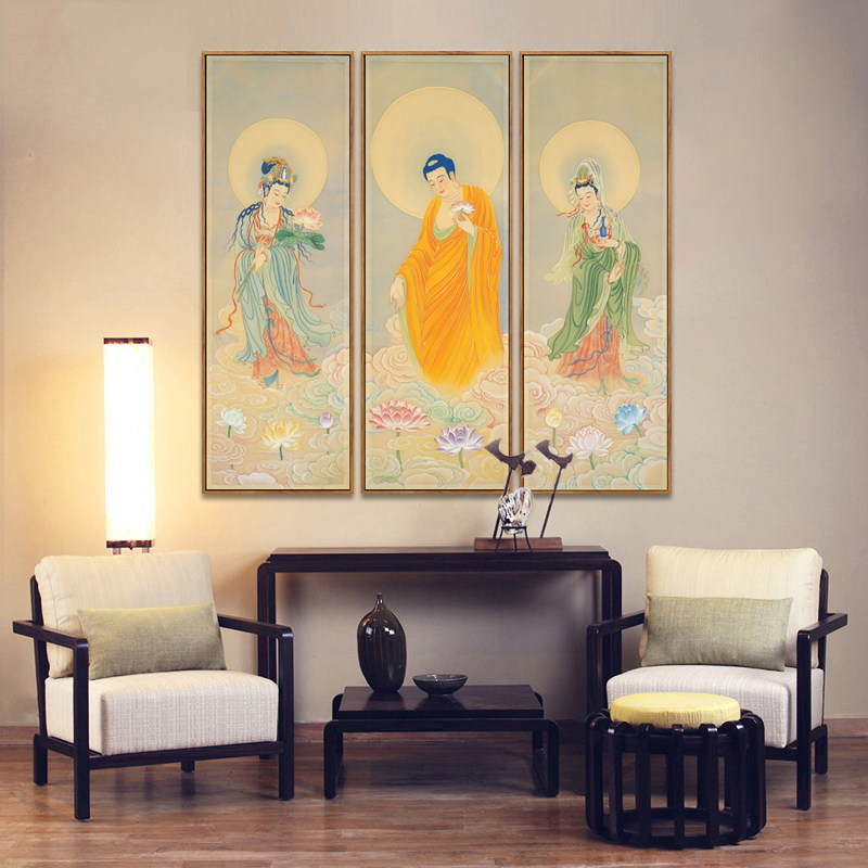 西方三圣阿弥陀佛画像大势菩萨观音佛像中堂挂画现代装饰画