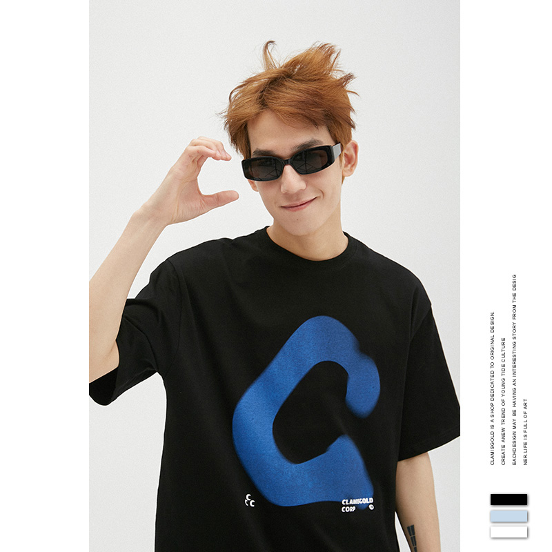 CLAMISGOLD国潮牌嘻哈休闲LOGO模糊幻影字母印花宽松短袖T恤男女
