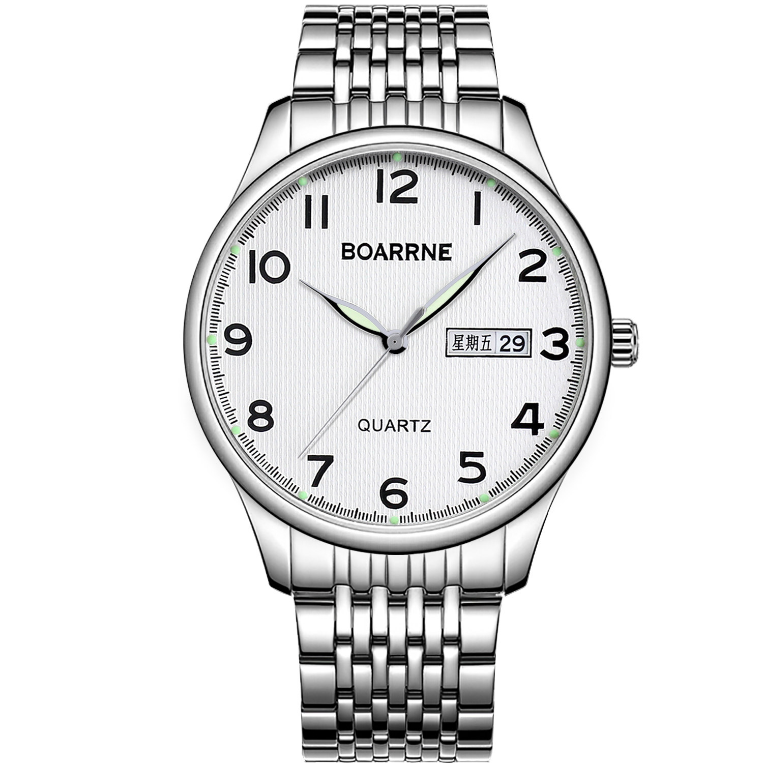 伯恩中老年人手表大数字盘精钢防水夜光老人妈妈爸爸男女款石英表