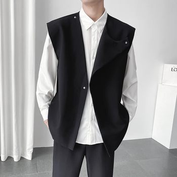 Autumn Yamamoto Japanese retro asymmetrical trendy men's waistcoat vest handsome vest hairstylist jacket ສີແຂງ