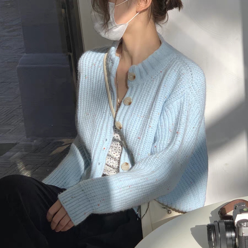 大码软奶蓝色针织衫上衣女士秋冬宽松日系温柔慵懒风开衫毛衣外套