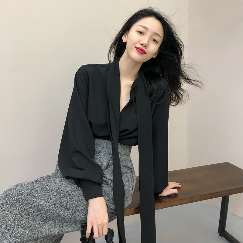 xxoossoo休闲风套头衬衫chic秋季飘带带领黑色女装衬衫
