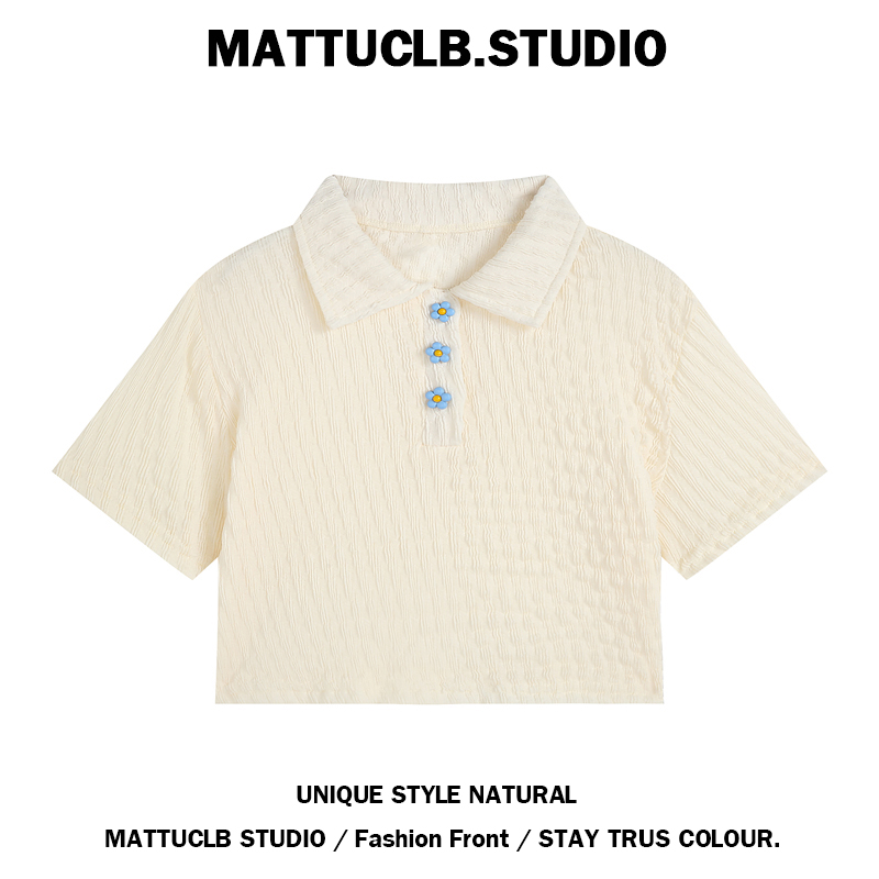 MATTUCLB 皱褶肌理上衣女夏薄款韩版宽松短袖短款设计感花朵衬衫