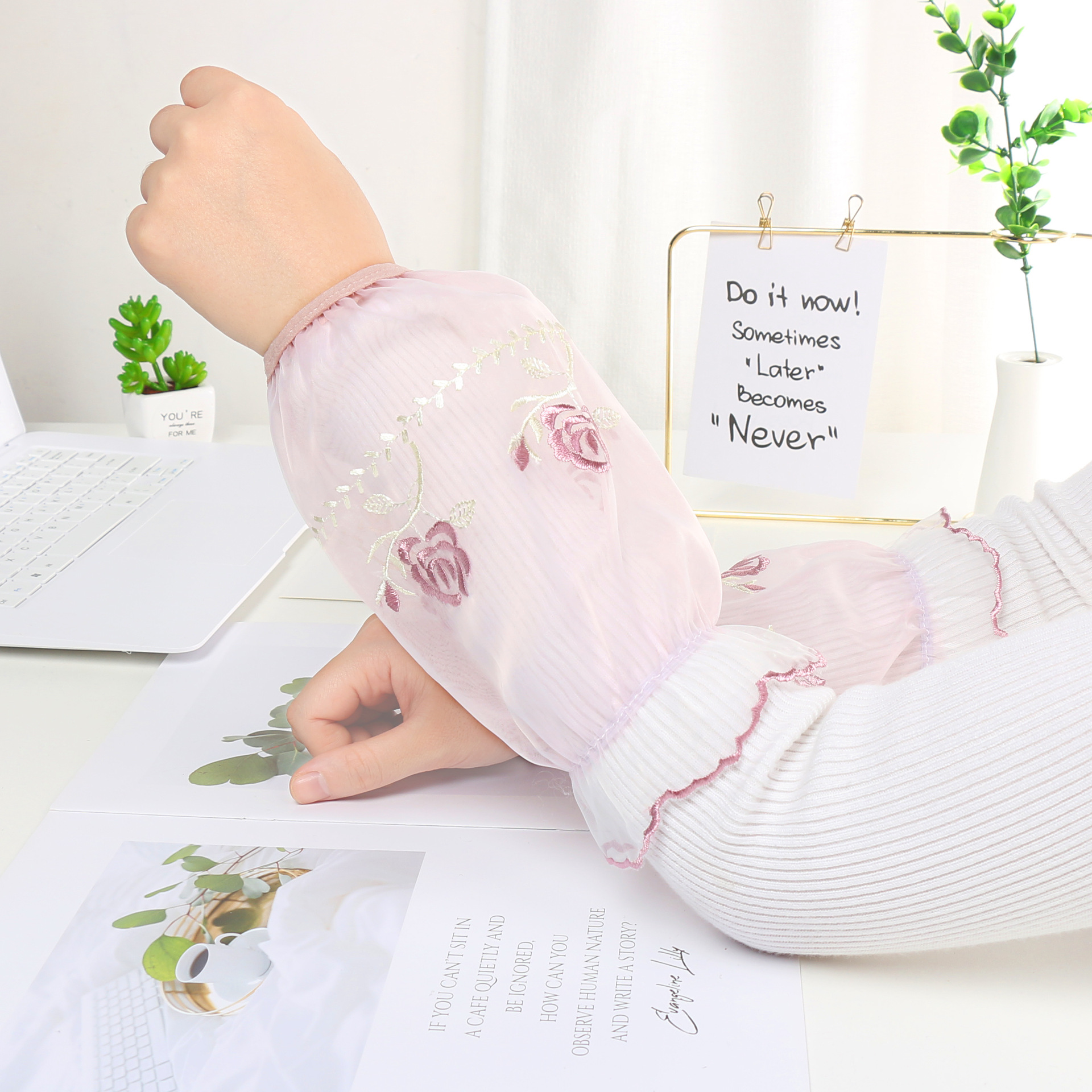 冬季纯白防污蕾丝刺绣双层短款袖套袖头学生袖套