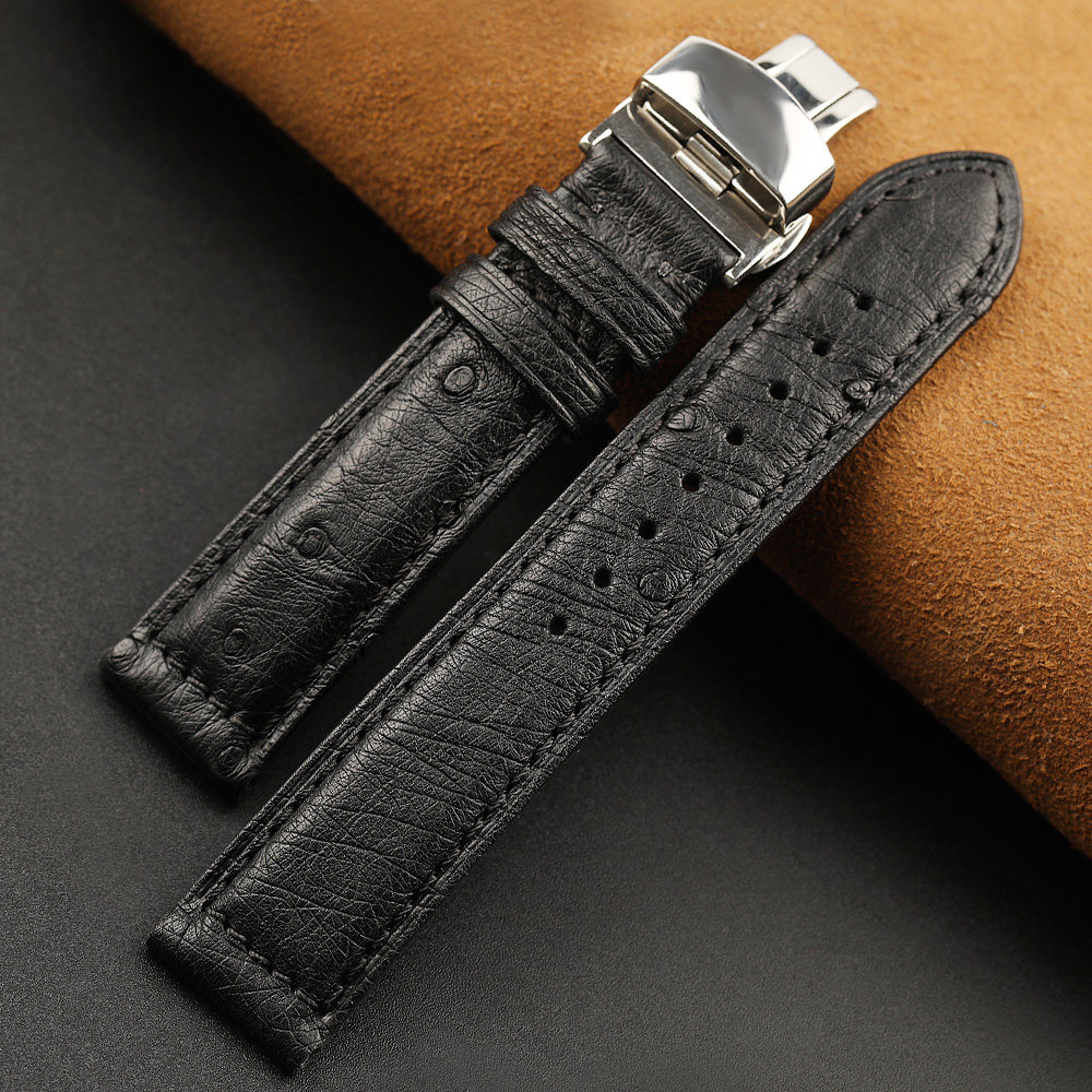 黑色南非鸵鸟表带22mm蝴蝶扣双真皮复古表链配件