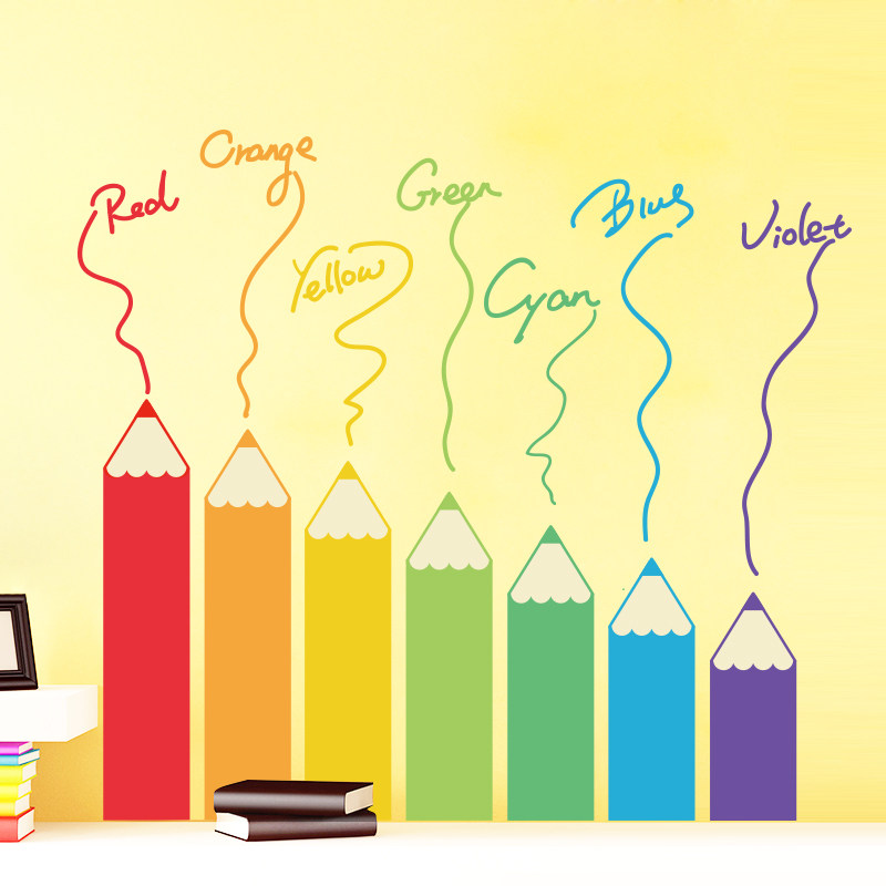 可爱儿童房卧室墙贴纸装饰品卡通学校教室走廊彩色画笔踢脚线贴画