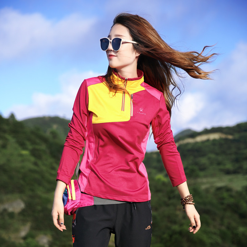 户外速干衣女长袖恤拼色修身显瘦弹力厚款快干速干t恤