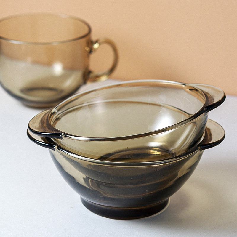 欧式茶色玻璃煲带盖耐热微波炉专用家用玻璃碗泡面碗沙拉面碗汤碗