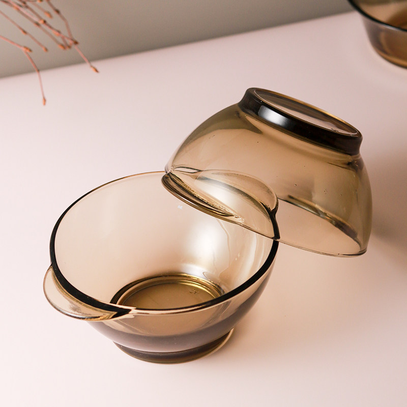 韩式茶色玻璃碗盘饭碗双耳沙拉麦片泡面家用碗