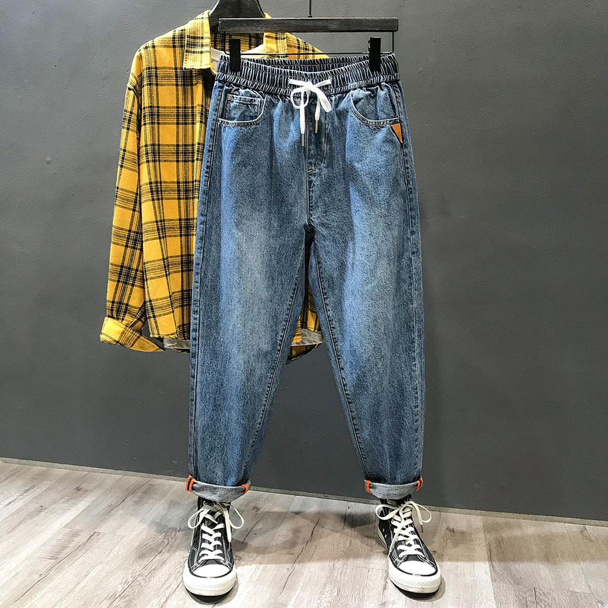 松紧腰牛仔裤哈伦宽松裤子男士春季薄款抽绳直筒男裤休闲九分裤潮