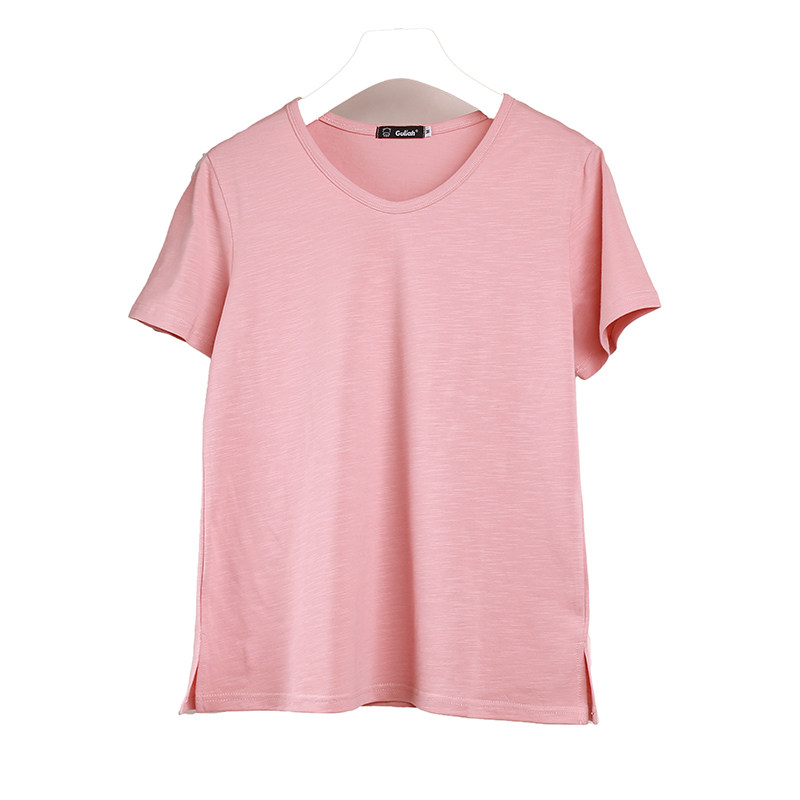 藕粉恤女上衣纯色棉纤维竹节洋气ins粉色竹炭t恤