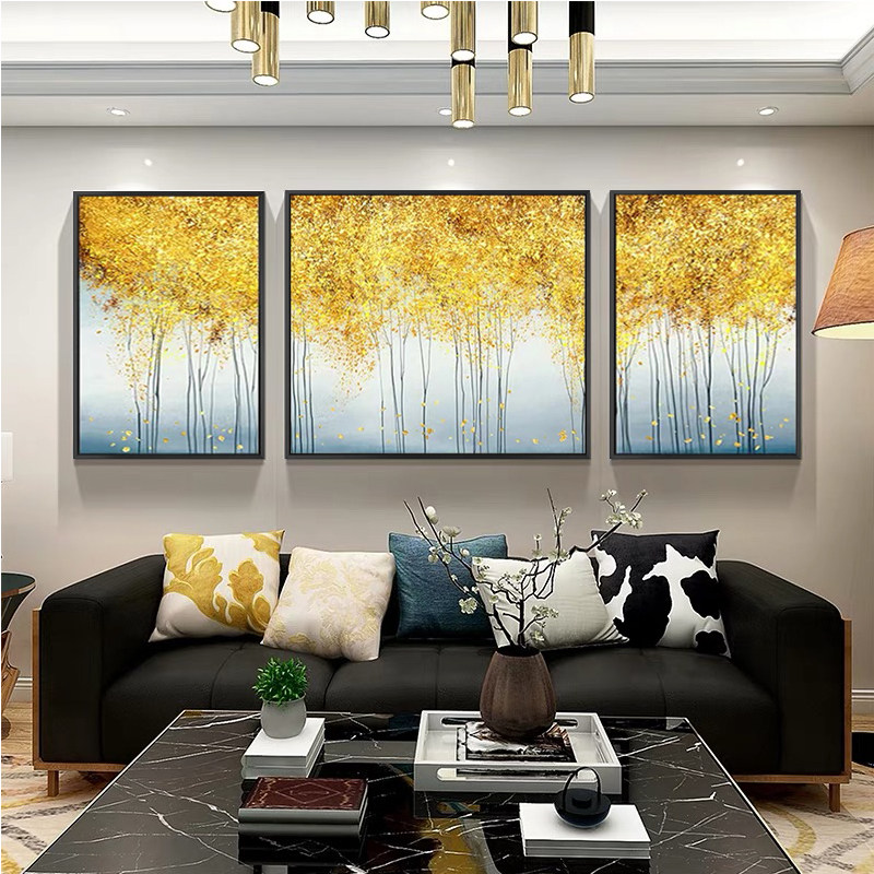 客厅背景墙装饰画沙发墙面挂画简约现代大气轻奢手绘抽象油画三联