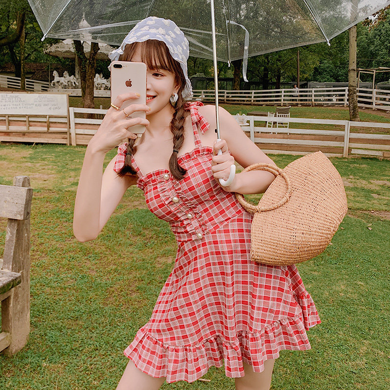 韩国ins泳衣格子少女女学生可爱显瘦遮肚温泉连体泳衣