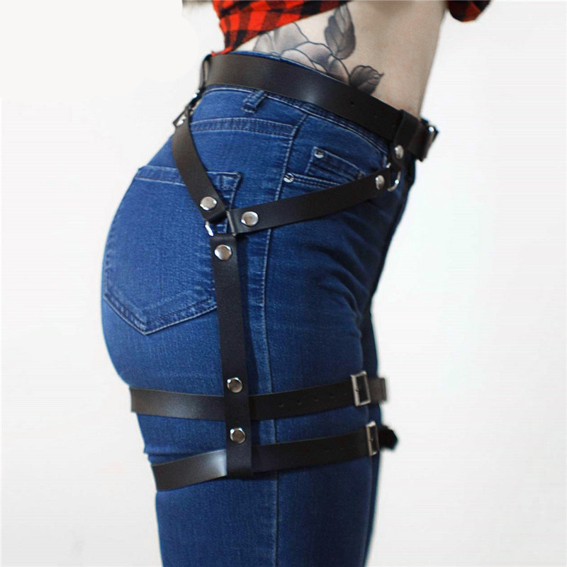 bdsm情趣腰带腿带一体皮革身体束缚绑带哥特腰带