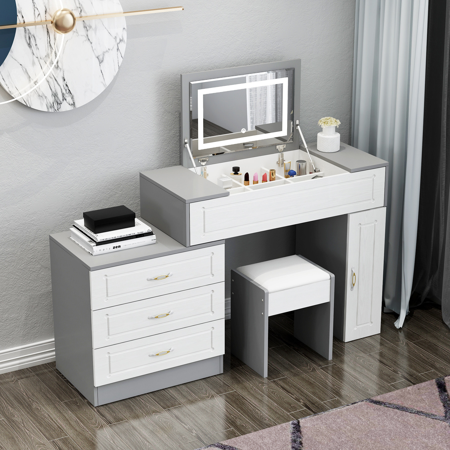 梳妆台卧室现代简约小户户型ins网红化妆台镜子带灯梳妆台