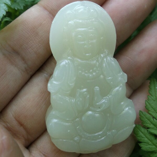 观音天然昆仑山青白玉石吊坠玉佛项坠挂件宝瓶项坠