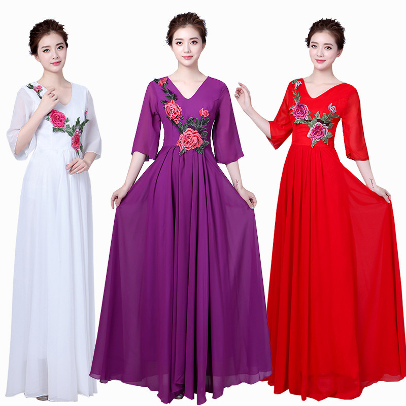 新款大合唱演出服长裙乐团指挥礼服诗歌朗诵团体民族服装